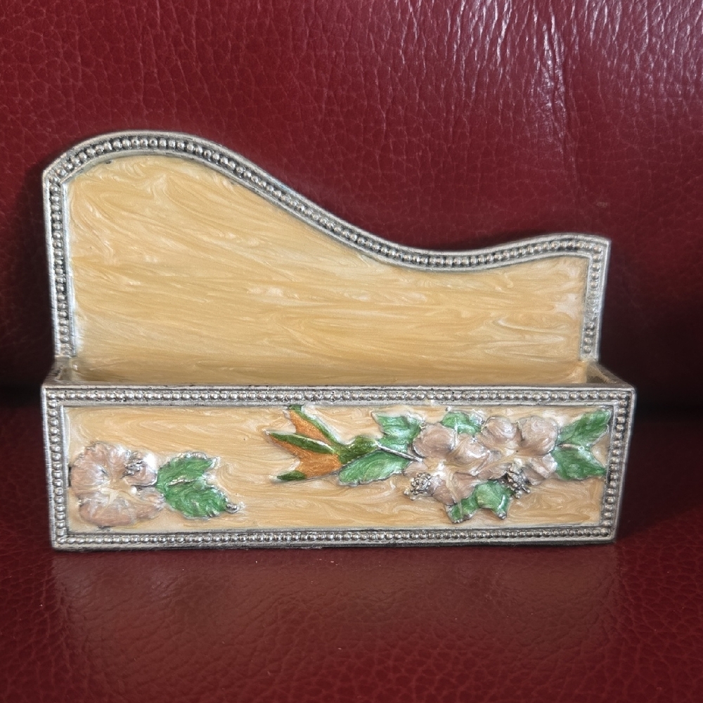 Pewter Floral Beige Hummingbird Decorative Business Card Holder